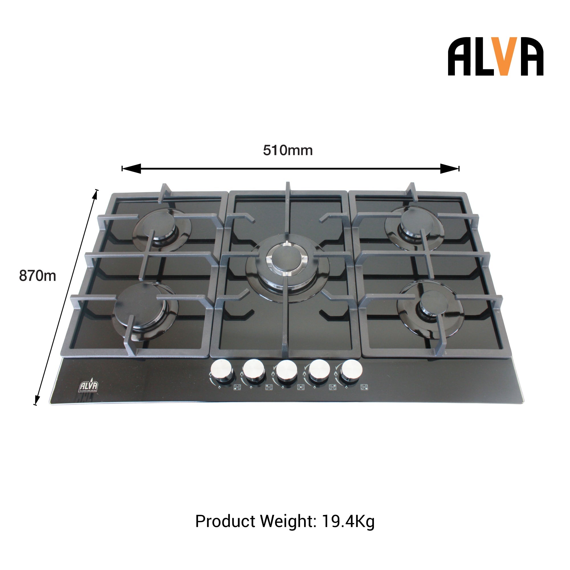 90cm 5 Burner Gas Hob Glass Top