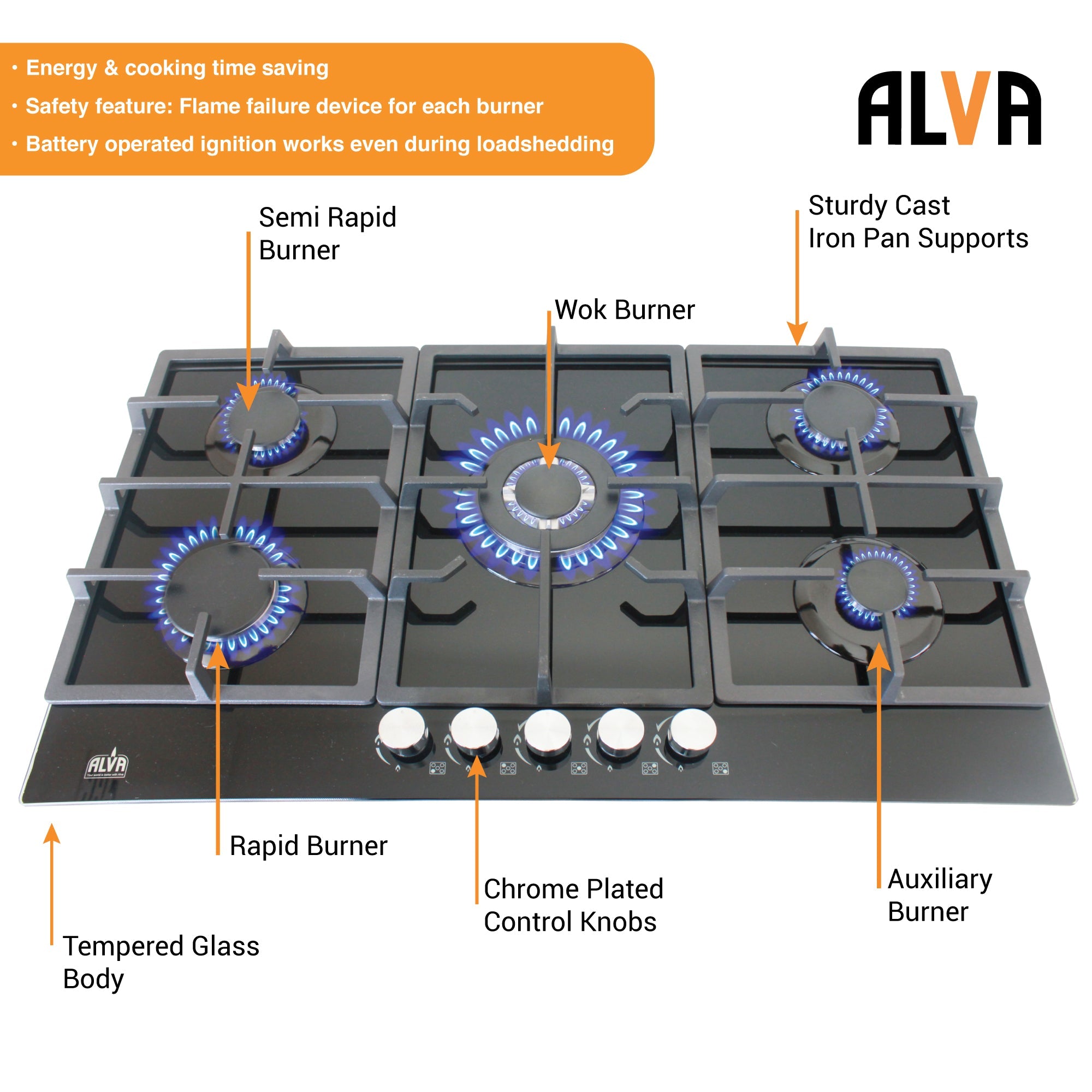 90cm 5 Burner Gas Hob Glass Top