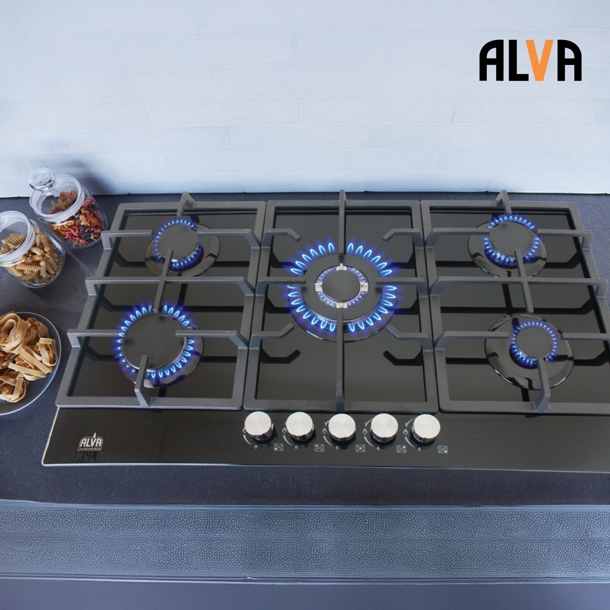 90cm 5 Burner Gas Hob Glass Top