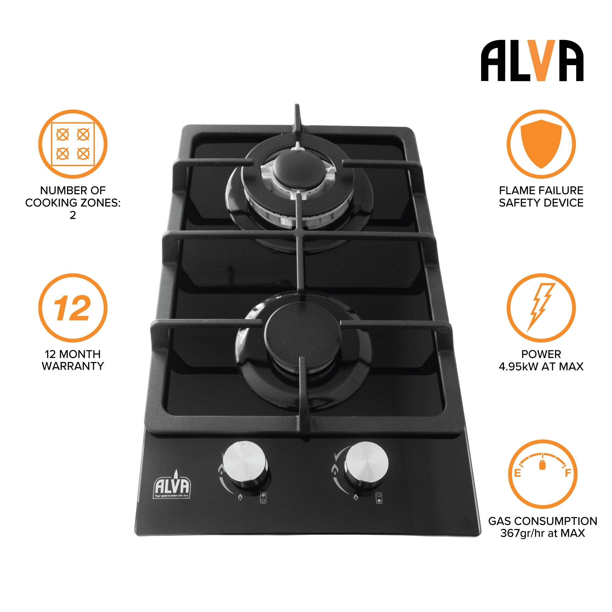 30cm 2 Burner Gas Hob Glass Top