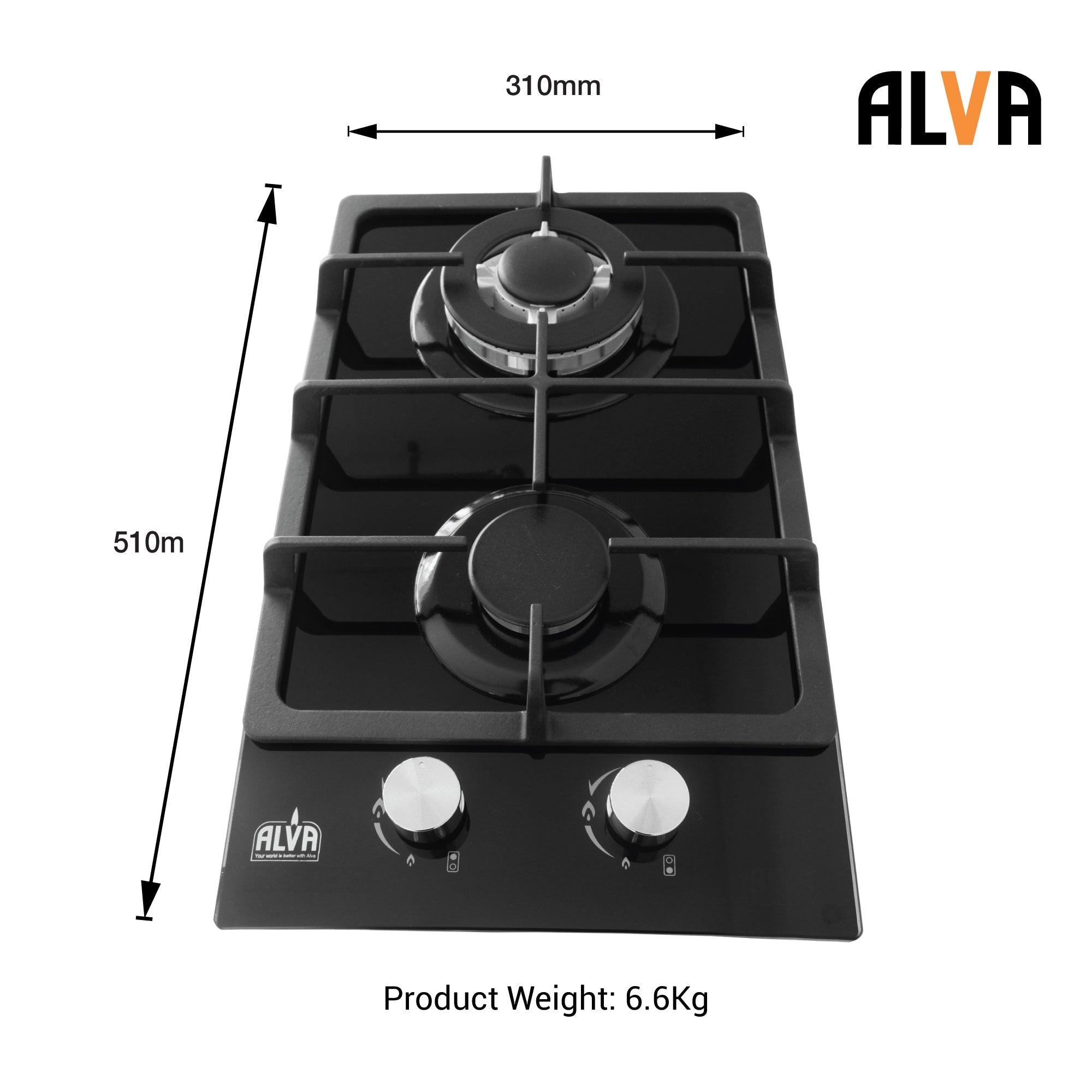 30cm 2 Burner Gas Hob Glass Top