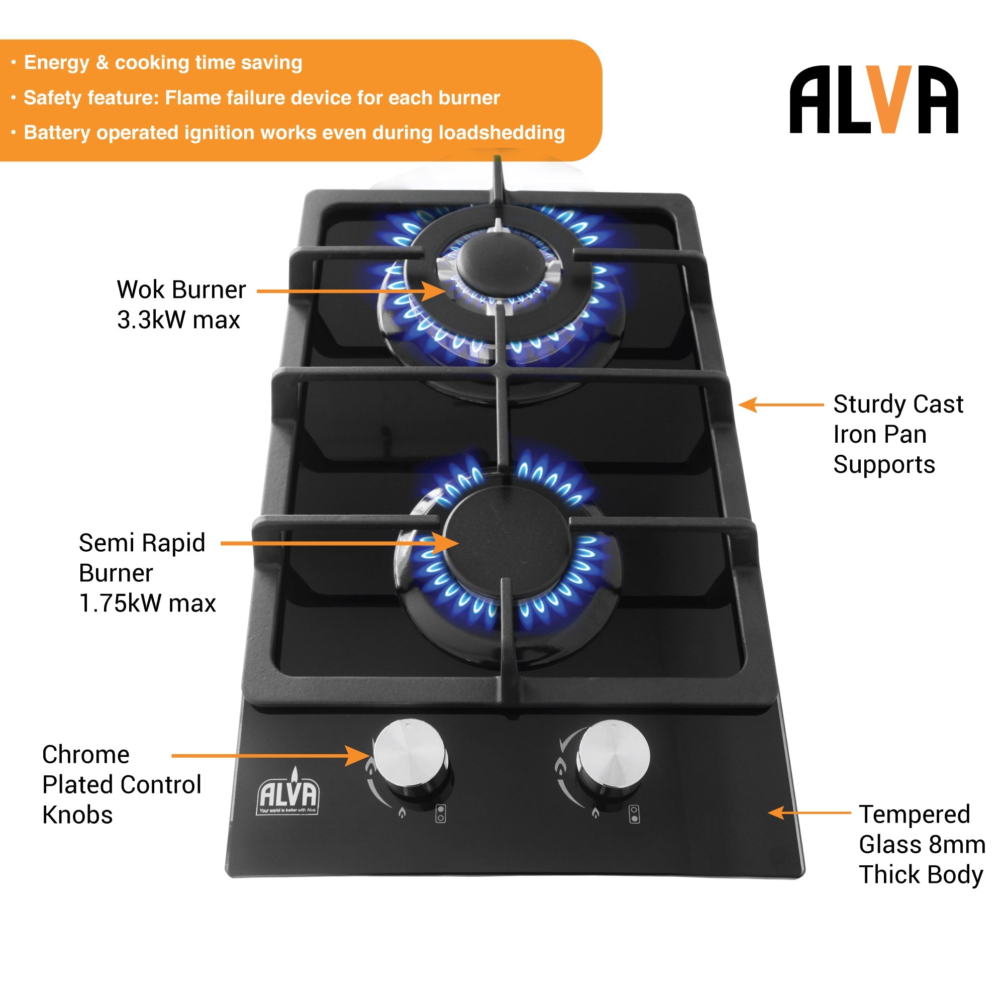 30cm 2 Burner Gas Hob Glass Top