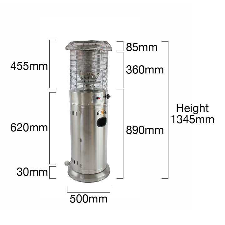 ALVA - SHORT STAND GAS PATIO HEATER – 1.35M TALL - STAINLESS STEEL