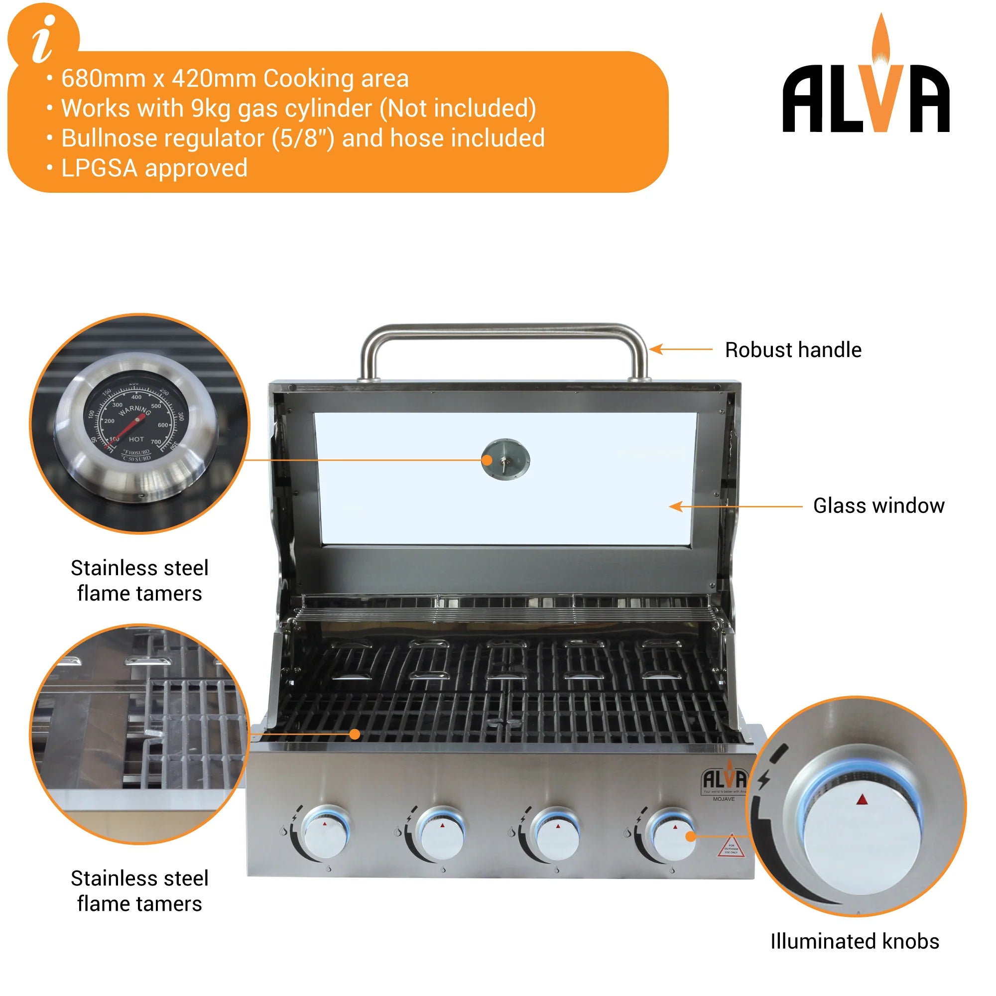 Mojave 4 Burner Glass Hood Drop In Gas Bbq