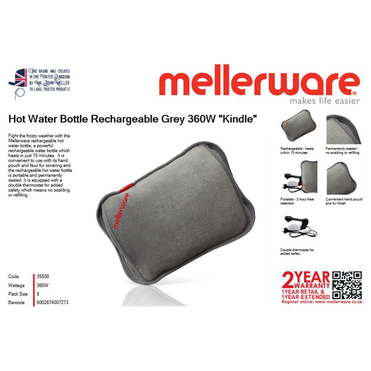 Mellerware Hot Water Bottle Kindle Recha 360 W Grey