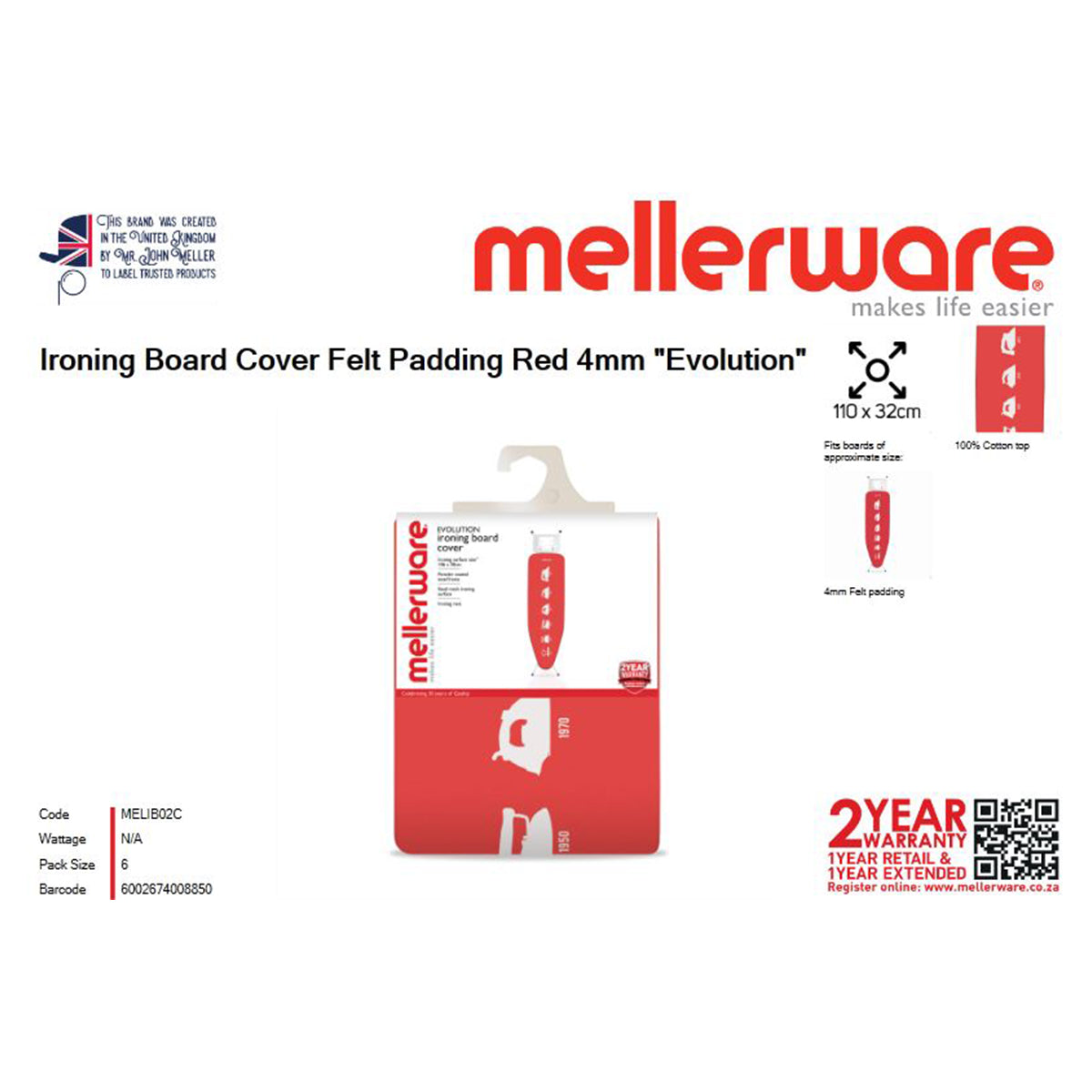 Mellerware Ironing Board Cover Padded 4 Mm Evolutio