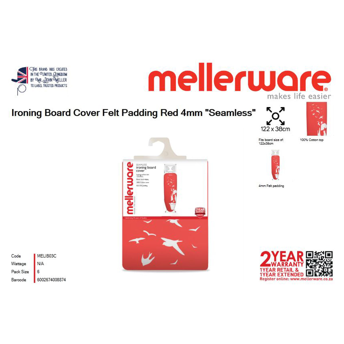 Mellerware Ironing Board Cover Padded 4 Mm Seamles