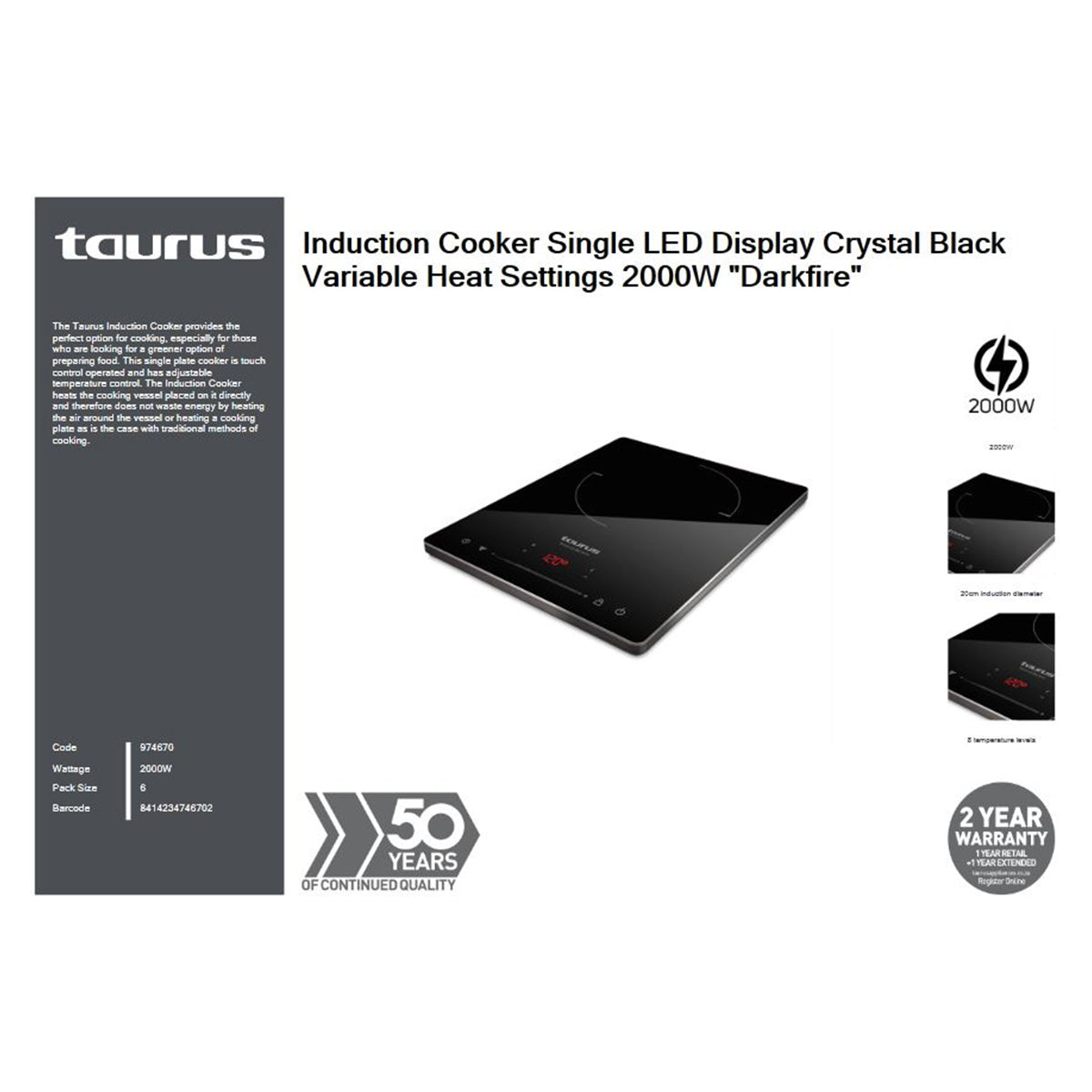 Taurus Induction Cooker Var Heat Setting 2000 W Blk