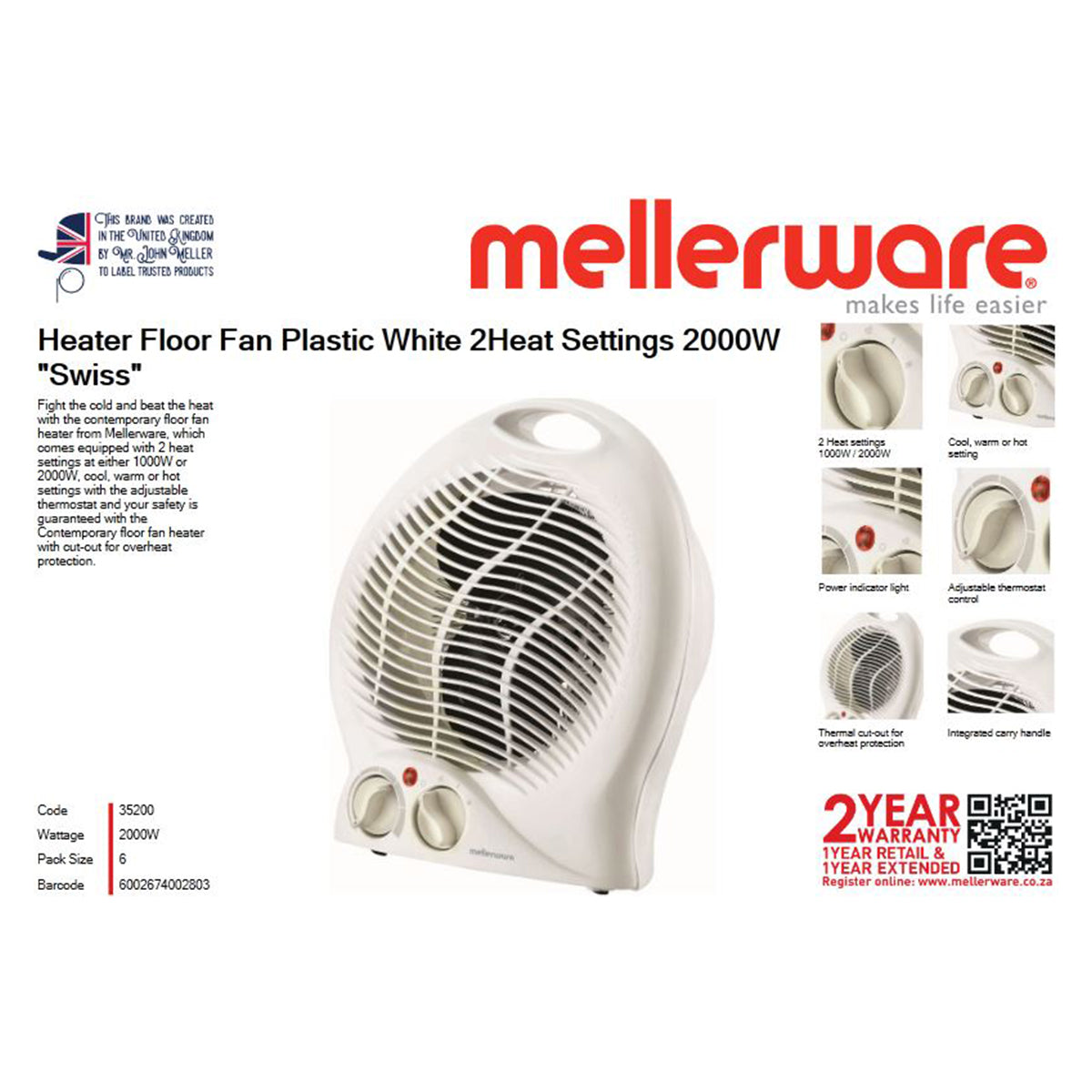 Mellerware Floor Heater 2 Settings 2000 W White