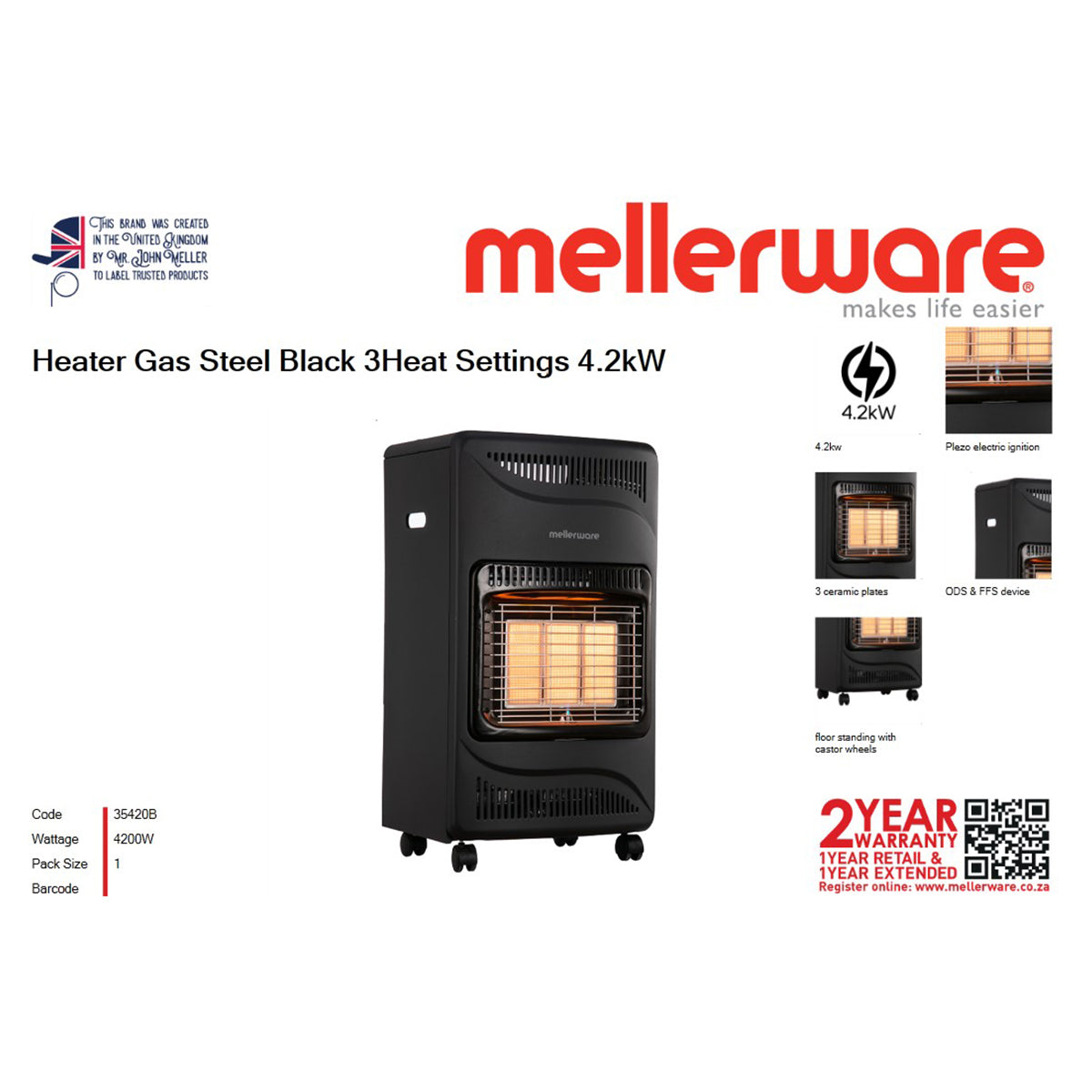 Mellerware Gas Steel Heater 3 Settings Black 4.2 Kw