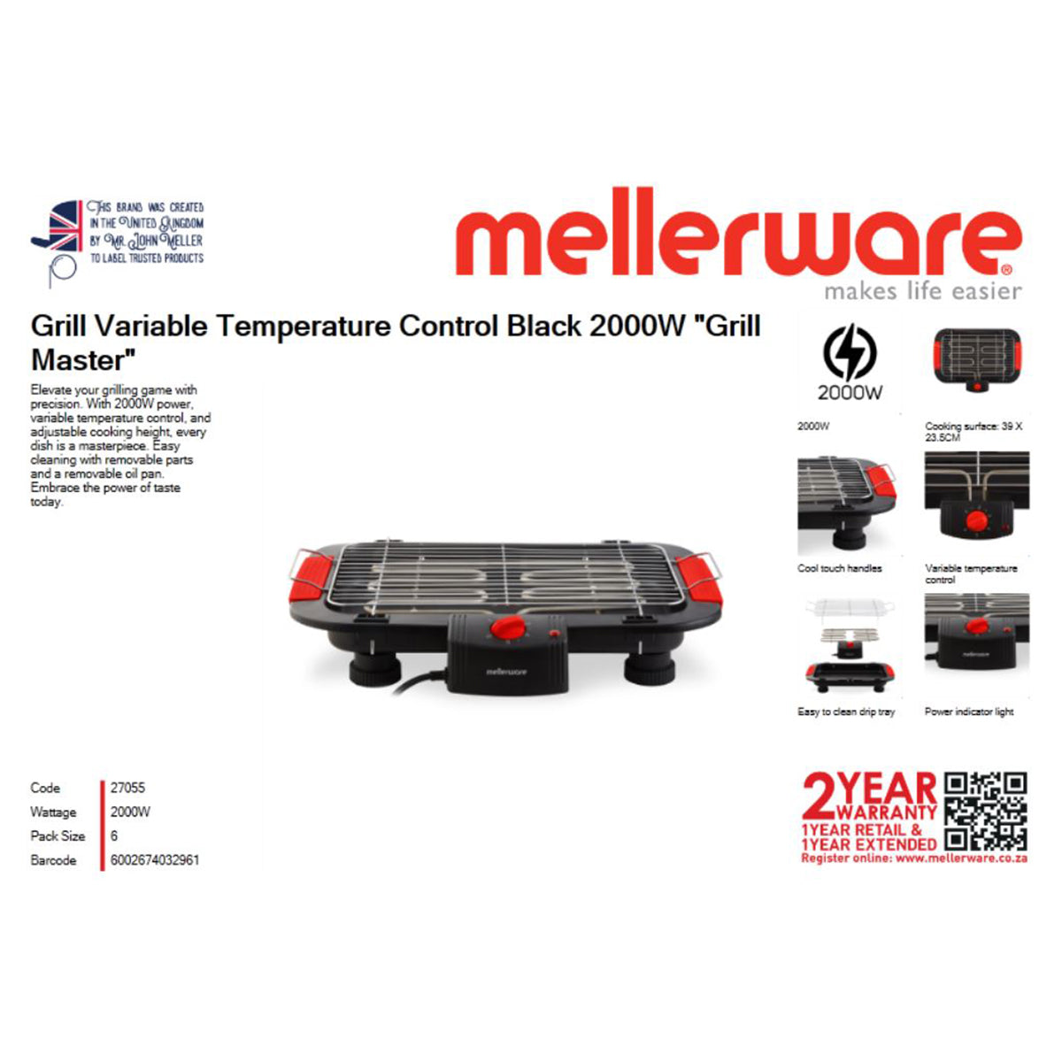 Mellerware Grill Variable Temp Control Black 2000 W