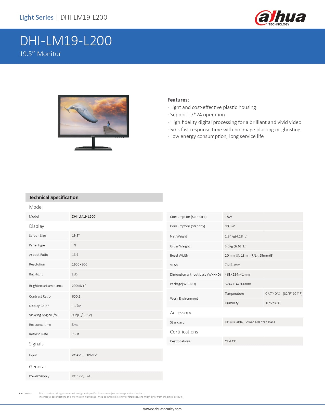 19.5"LED Monitor - Wall Mount table NO HDMI EXCL Bracket