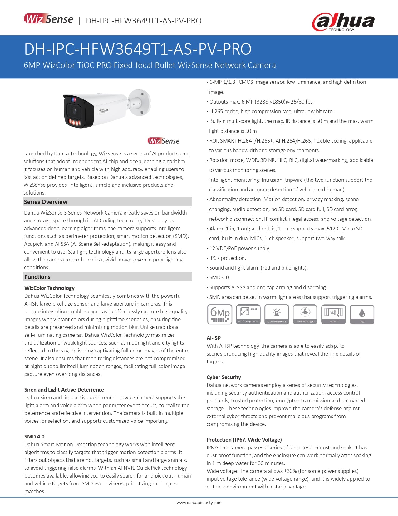 Dahua TOIC Cylindrical 6MP 50M IR 2.8MM W/Audio W/Sense