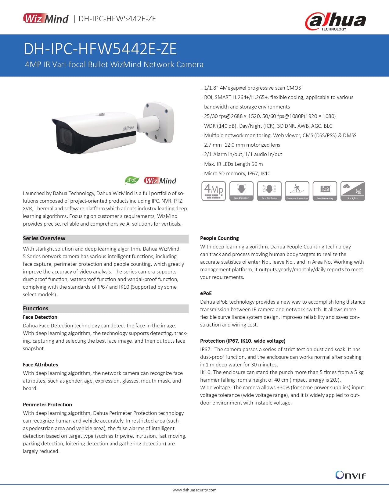 Dahua Cylindrical 4MP 2.7-12MM MOTO LENS 50M IR POE SD SLOT VCA W/AUDIO