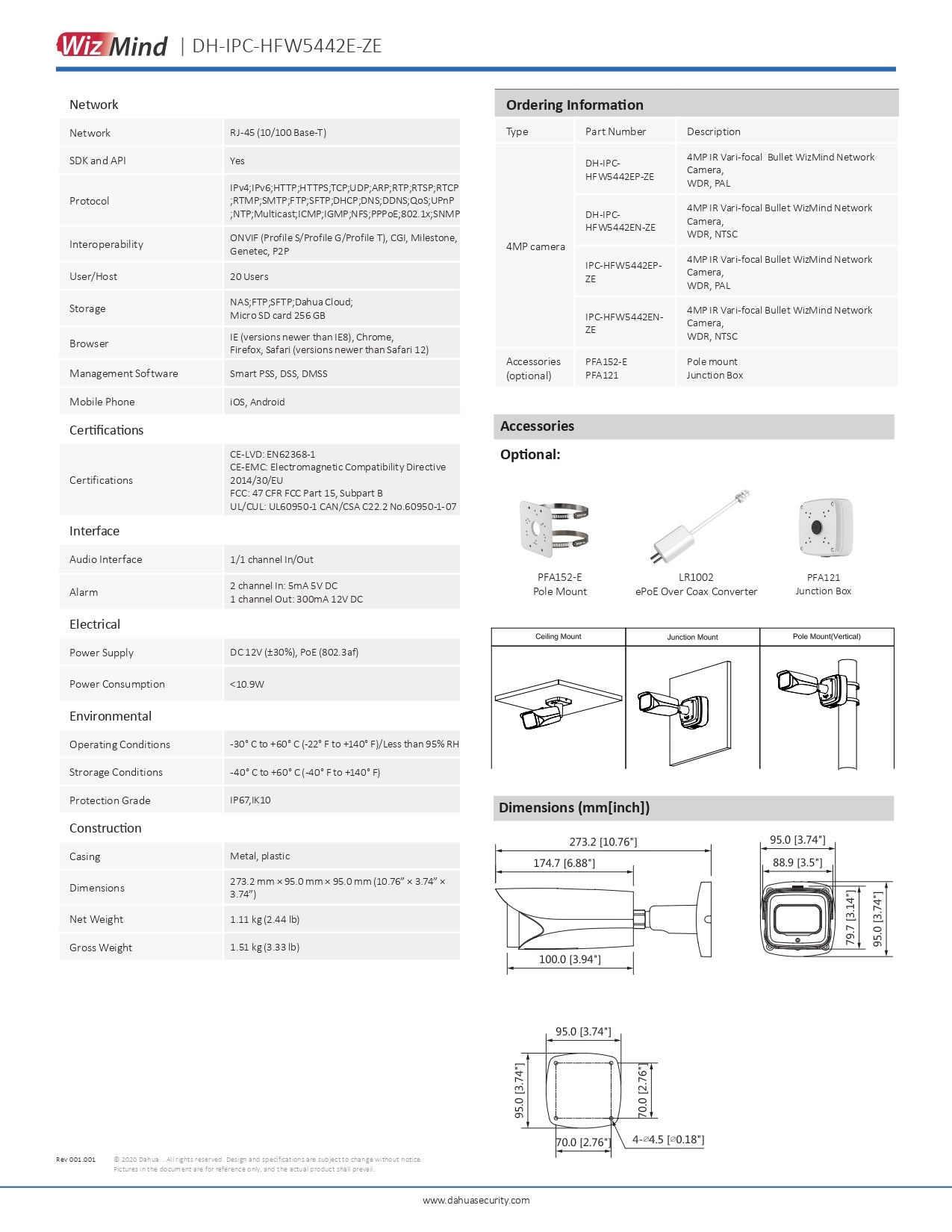 Dahua Cylindrical 4MP 2.7-12MM MOTO LENS 50M IR POE SD SLOT VCA W/AUDIO
