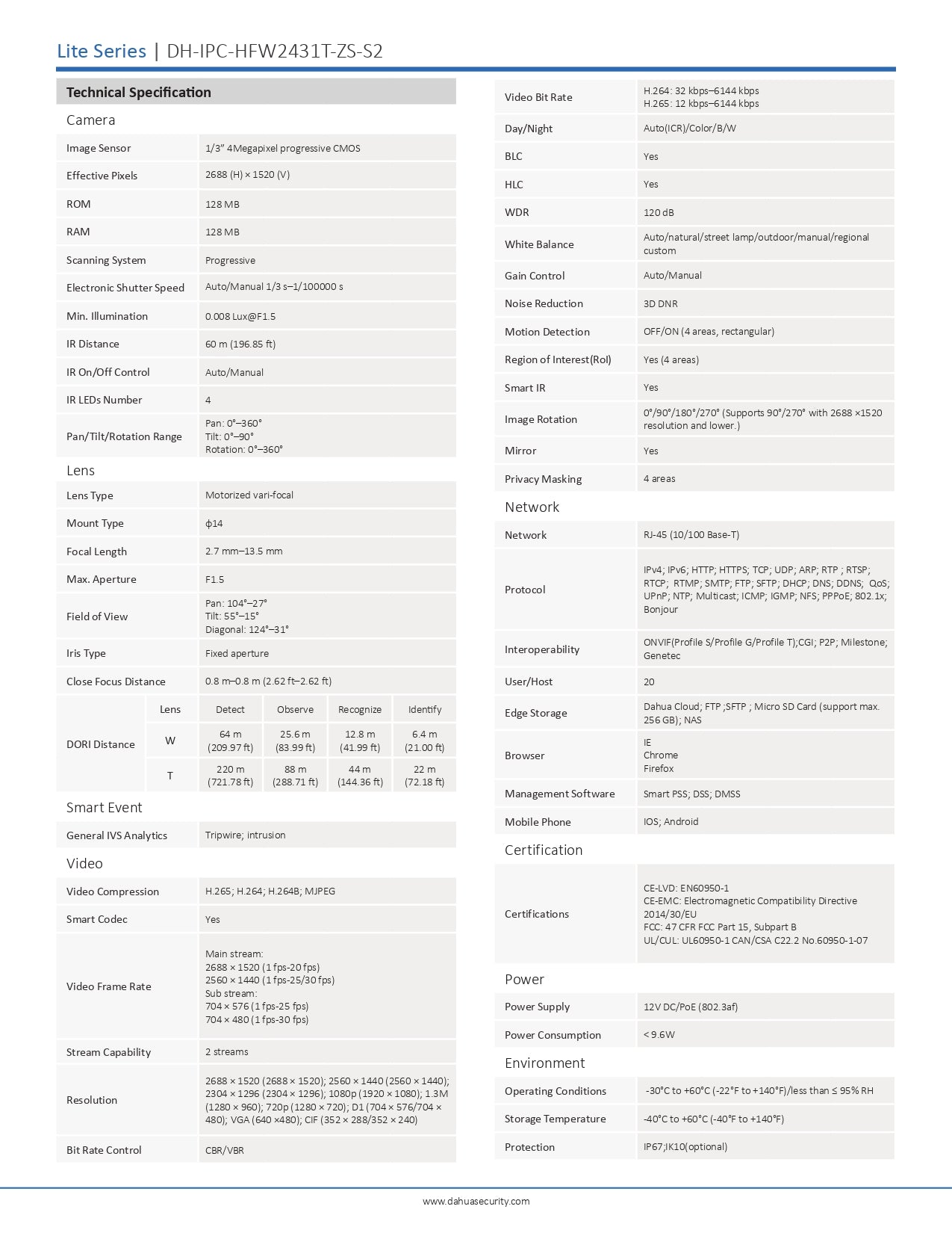 Dahua Cylindrical 4MP 2.7-12MM MOTO Lens 60M IR POE SD SLOT