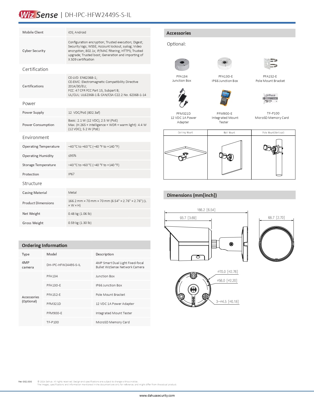 Dahua Cylindrical 4MP 3.6MM LENS 30M IR/LED POE SD SLOT VCA W/Built in Mic