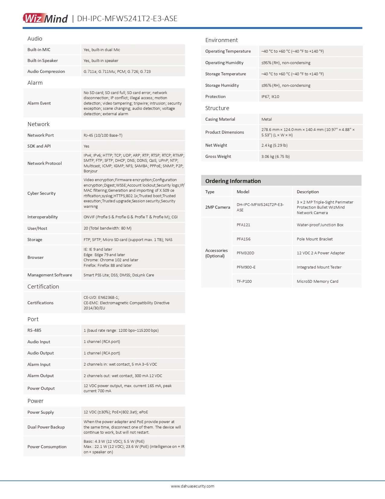 Dahua Cylindrical 2MP 3 LENS – 3.6/12/25MM 100M IR POE SD SLOT VCA W/Audio