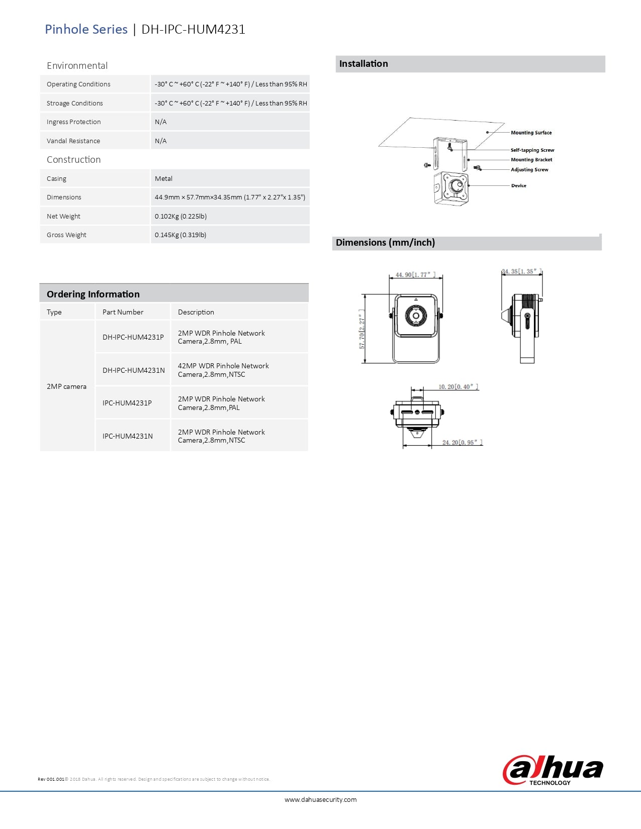 Dahua Covert Pinhole Bullet 2MP 2.8MM Lens POE SD Slot