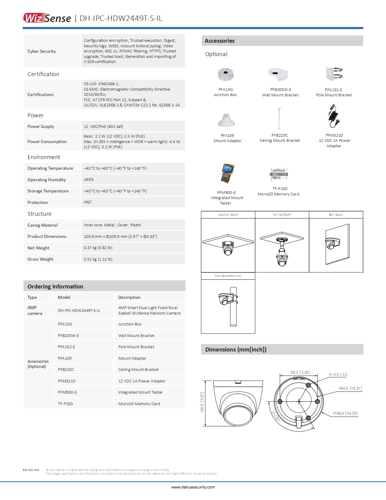 Dahua Dome 4MP 2.8MM LENS 30M IR/LED POE SD SLOT VCA With a Built in Mic
