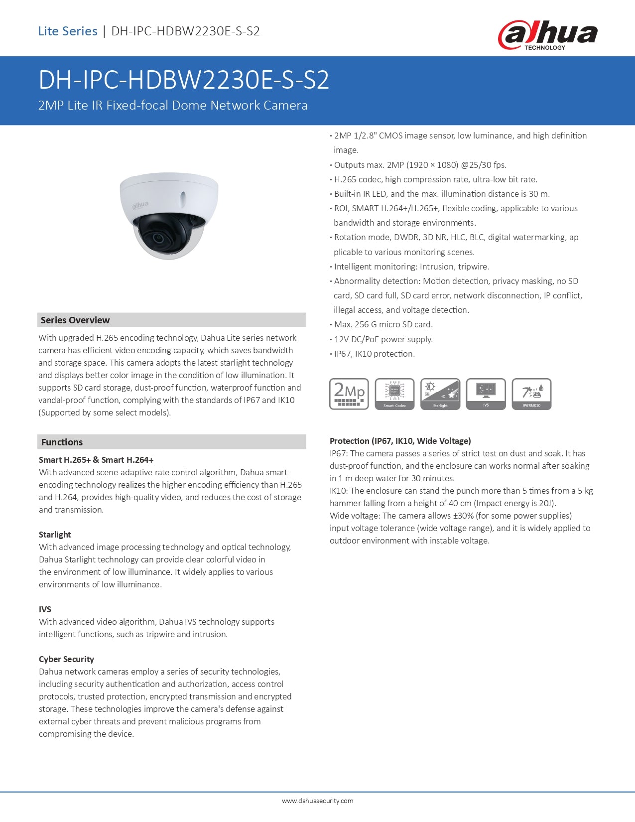 Dahua Dome 2MP 2.8MM Lens 30M IR POE