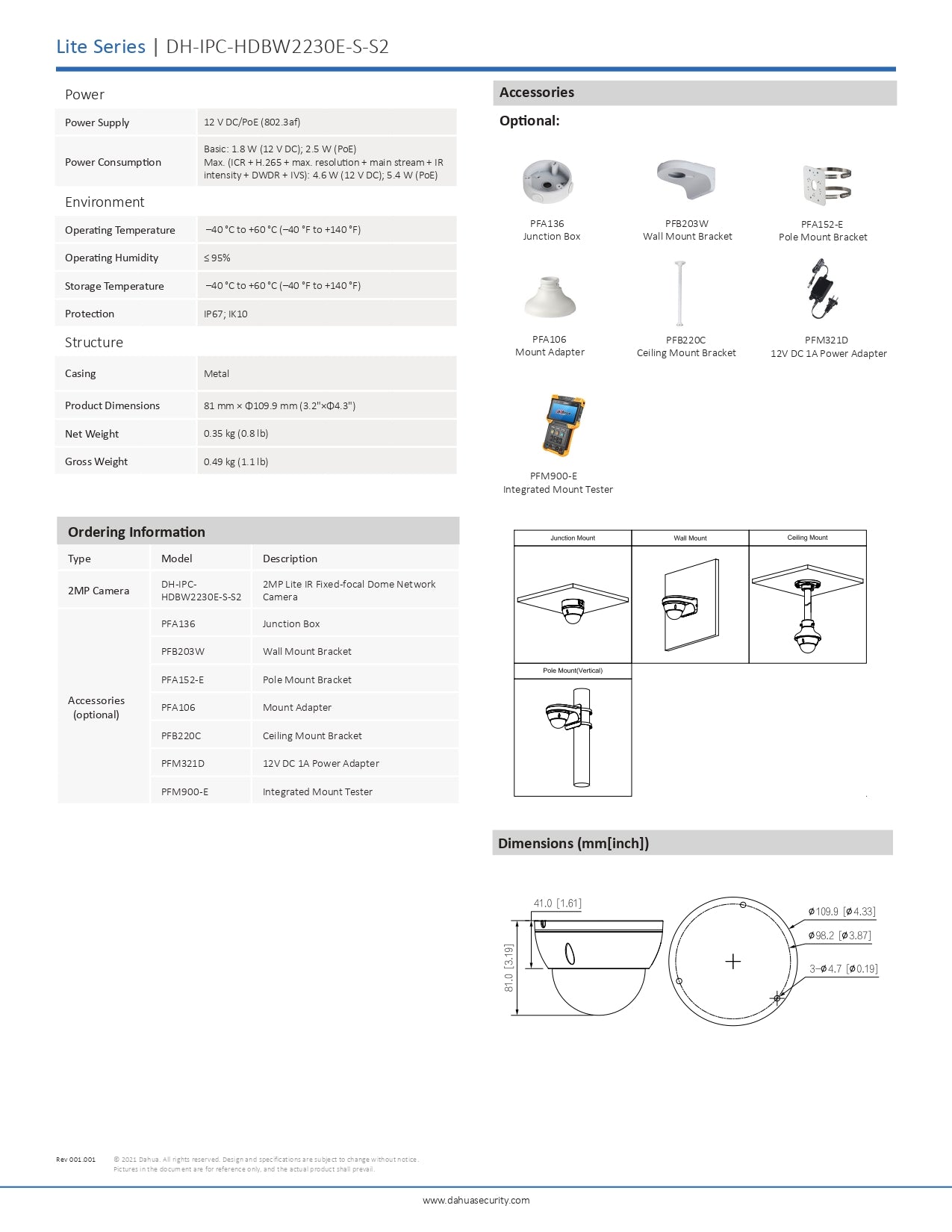 Dahua Dome 2MP 2.8MM Lens 30M IR POE