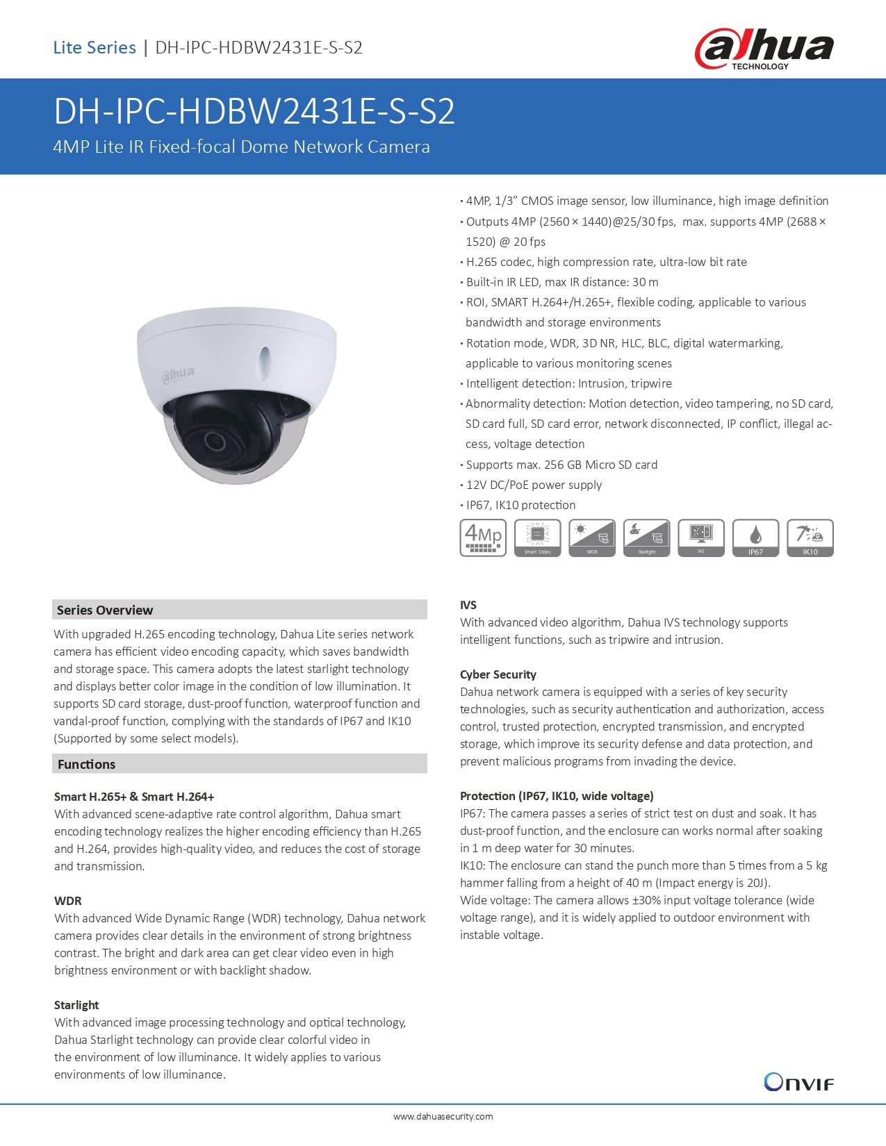 Dahua Dome 4MP 2.8MM Lens 30M IR POE