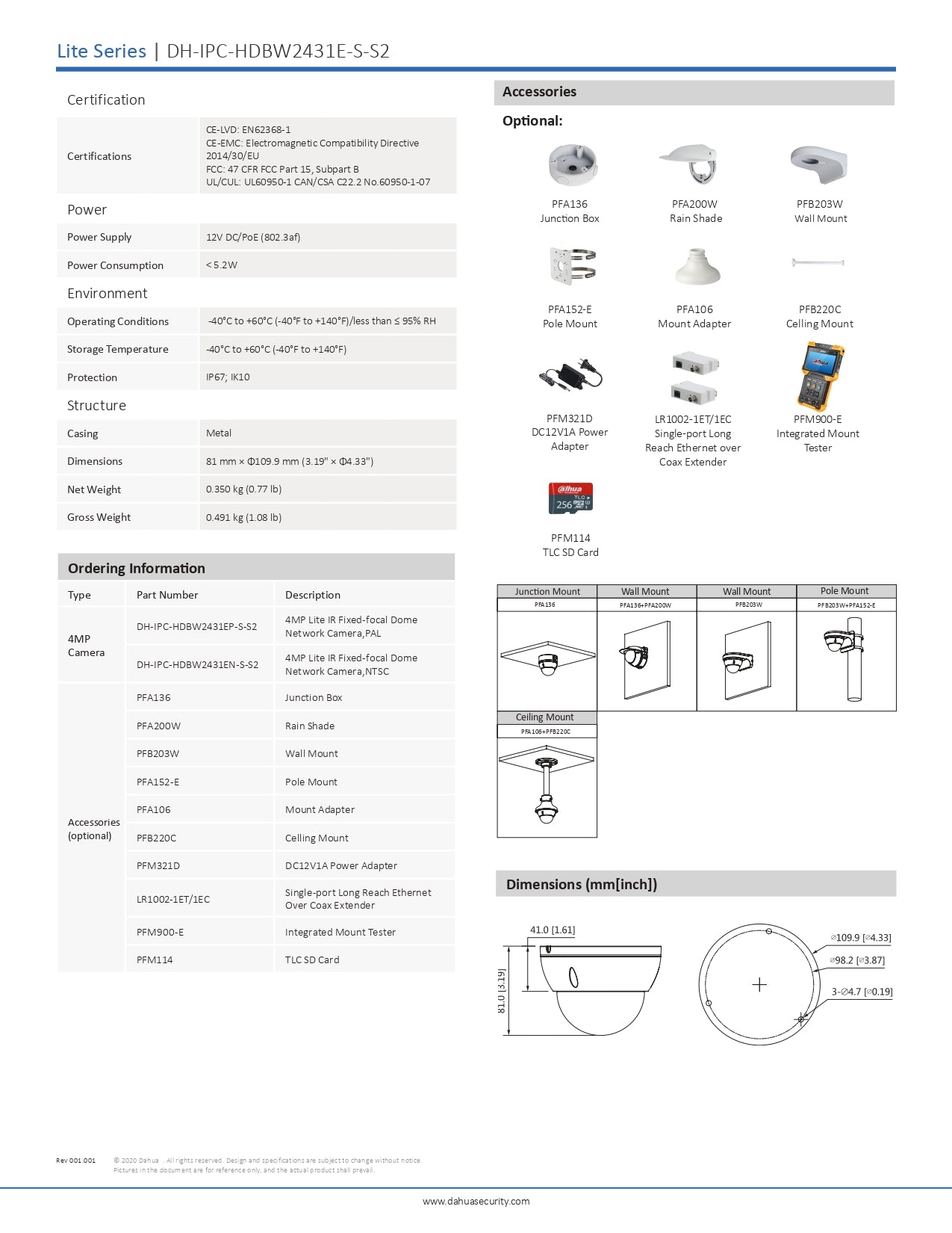 Dahua Dome 4MP 2.8MM Lens 30M IR POE