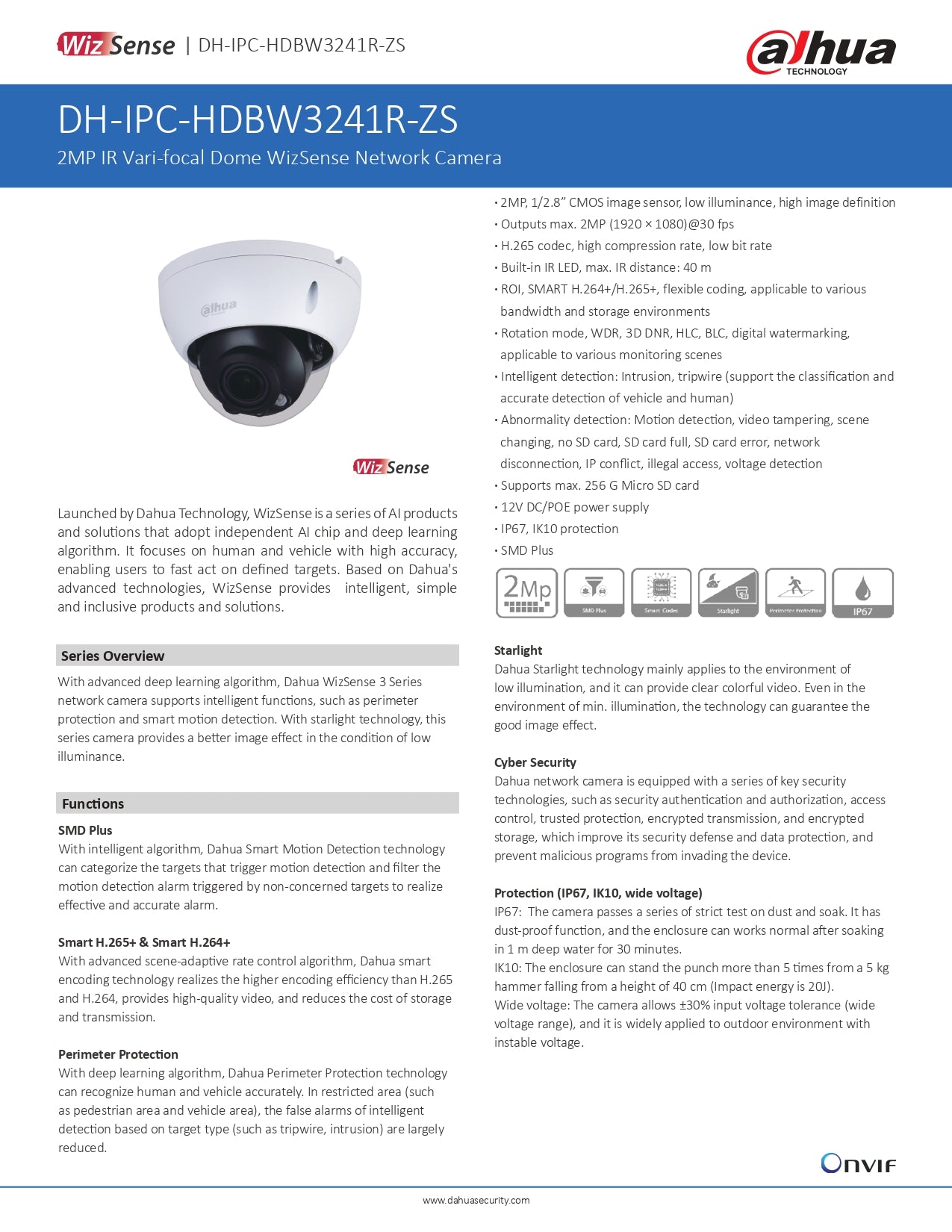 Dahua Dome 2MP 2.7-12MM MOTO LENS 30M IR POE SD SLOT WDR