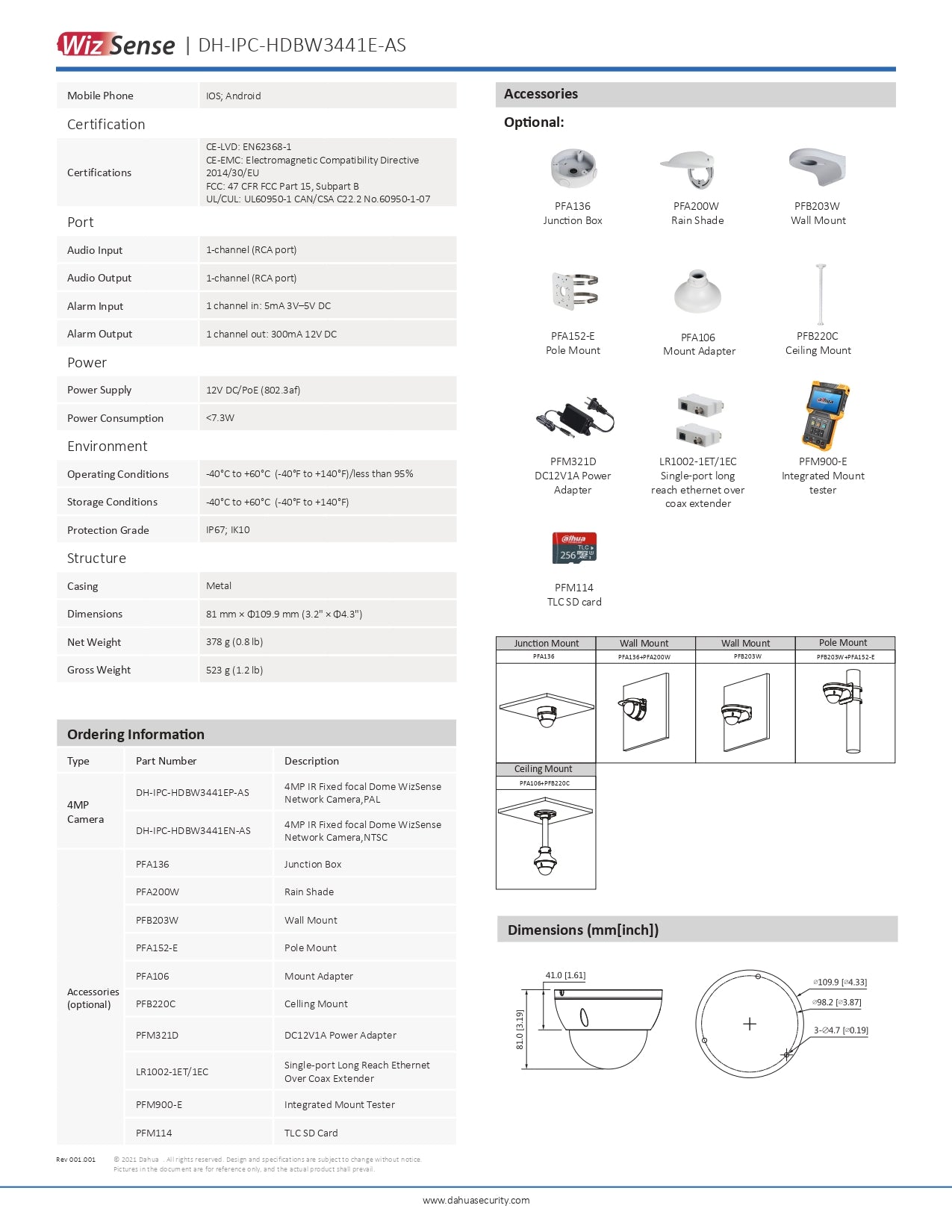 Dahua Wedge Dome 4MP 3.6MM Lens 50M IR POE SD Slot VCA W/Audio