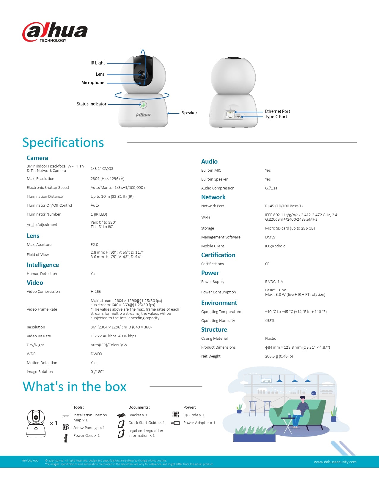Dahua Pan Tilt 3MP 10M IR 3.6M Wireless Indoor