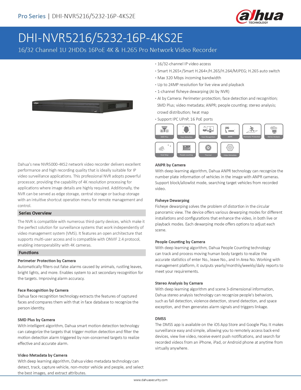 Dahua 16CH NVR 320MBPS 2 SATA Slots 16CH POE, EPOE Excl HDD Wizesense