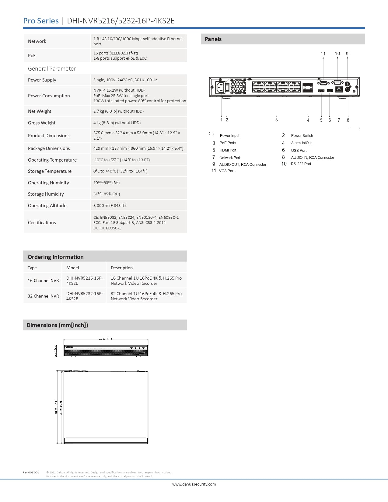 Dahua 16CH NVR 320MBPS 2 SATA Slots 16CH POE, EPOE Excl HDD Wizesense