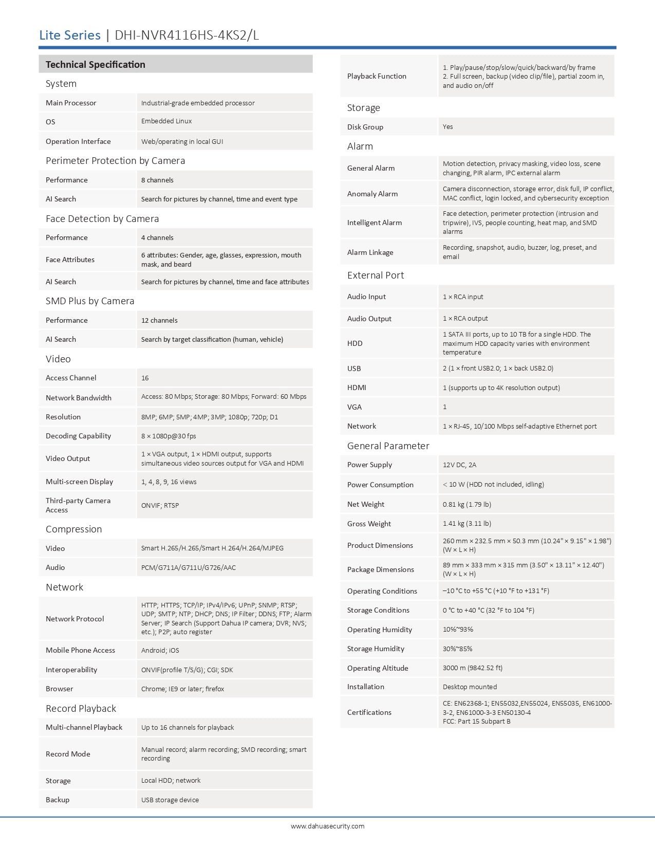 Dahua 16CH NVR 160MBPS 2 SATA Slots POE Excl HDD Lite