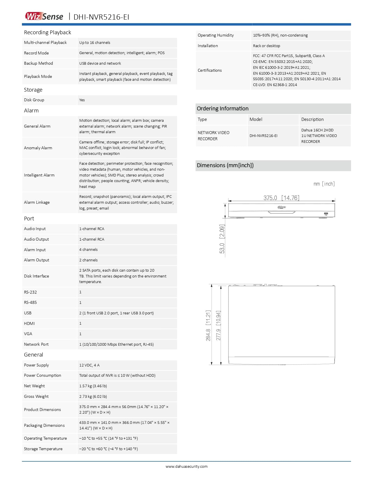 Dahua 16CH NVR 384MBPS 2 SATA Slots NO POE Excl HDD Wizesense
