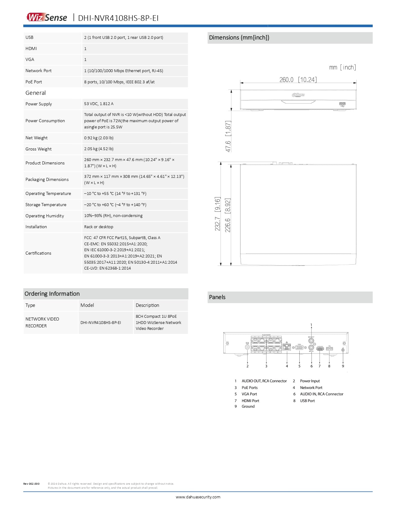 Dahua 8CH AI NVR 80MBPS 1SATA No POE Excl HDD Wizsense