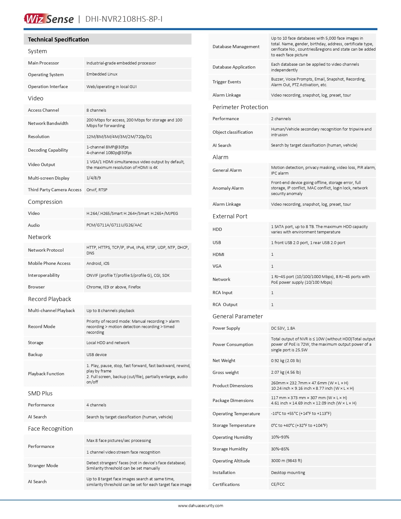 Dahua 8CH AI NVR 72MBPS 1SATA No POE Slot Excl HDD Wizsense