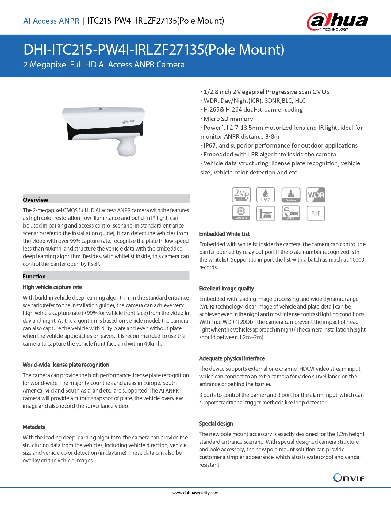 Dahua Access ANPR 4MP 2.7 – 12MM 0-80KMPH IR Distance 10M
