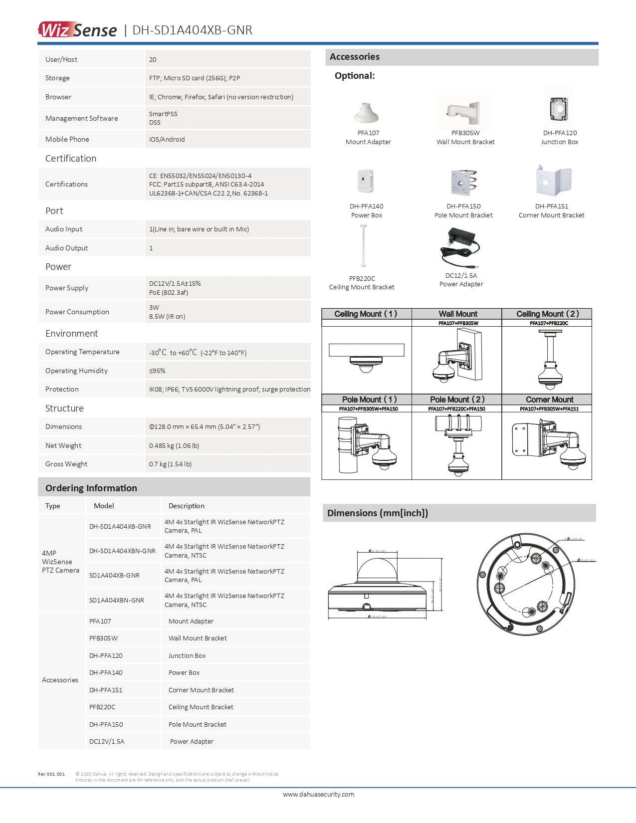 Dahua Mini PTZ 4MP 4X OPT ZOOM 15M IR + SD SLOT POE+ / 12V DC (EXCL PSU) VCA