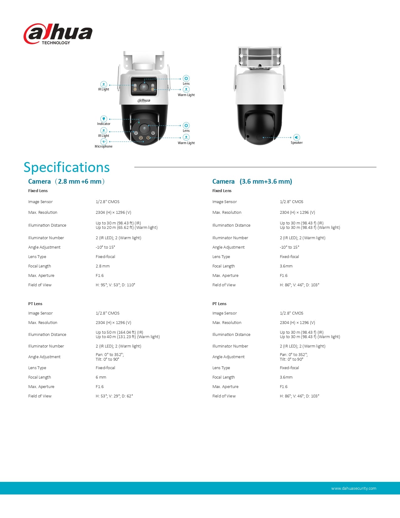 Dahua Dual Lens Pan & Tilt 3MP 30M IR 2.8/6MM Outdoor WIFI T/Way
