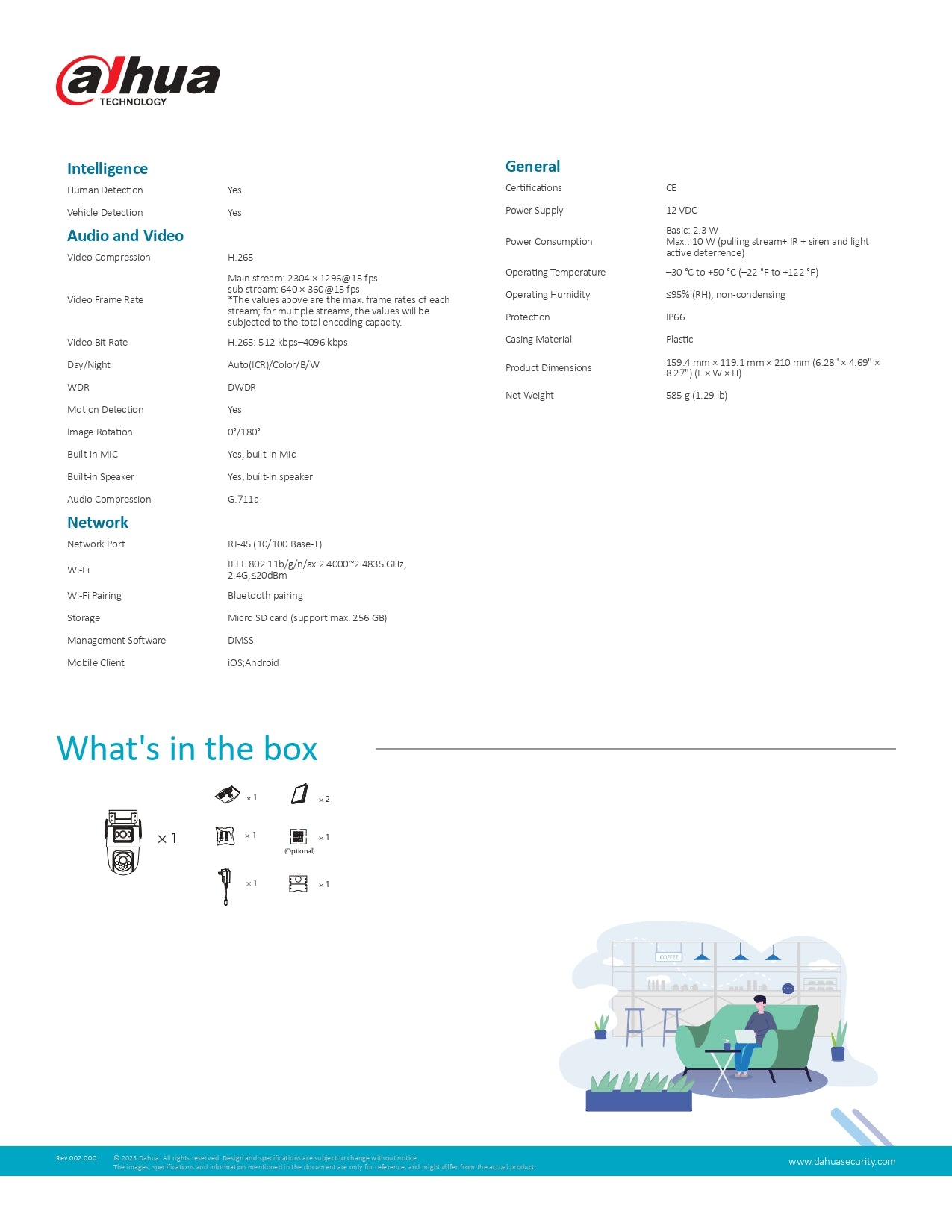 Dahua Dual Lens Pan & Tilt 3MP 30M IR 2.8/6MM Outdoor WIFI T/Way