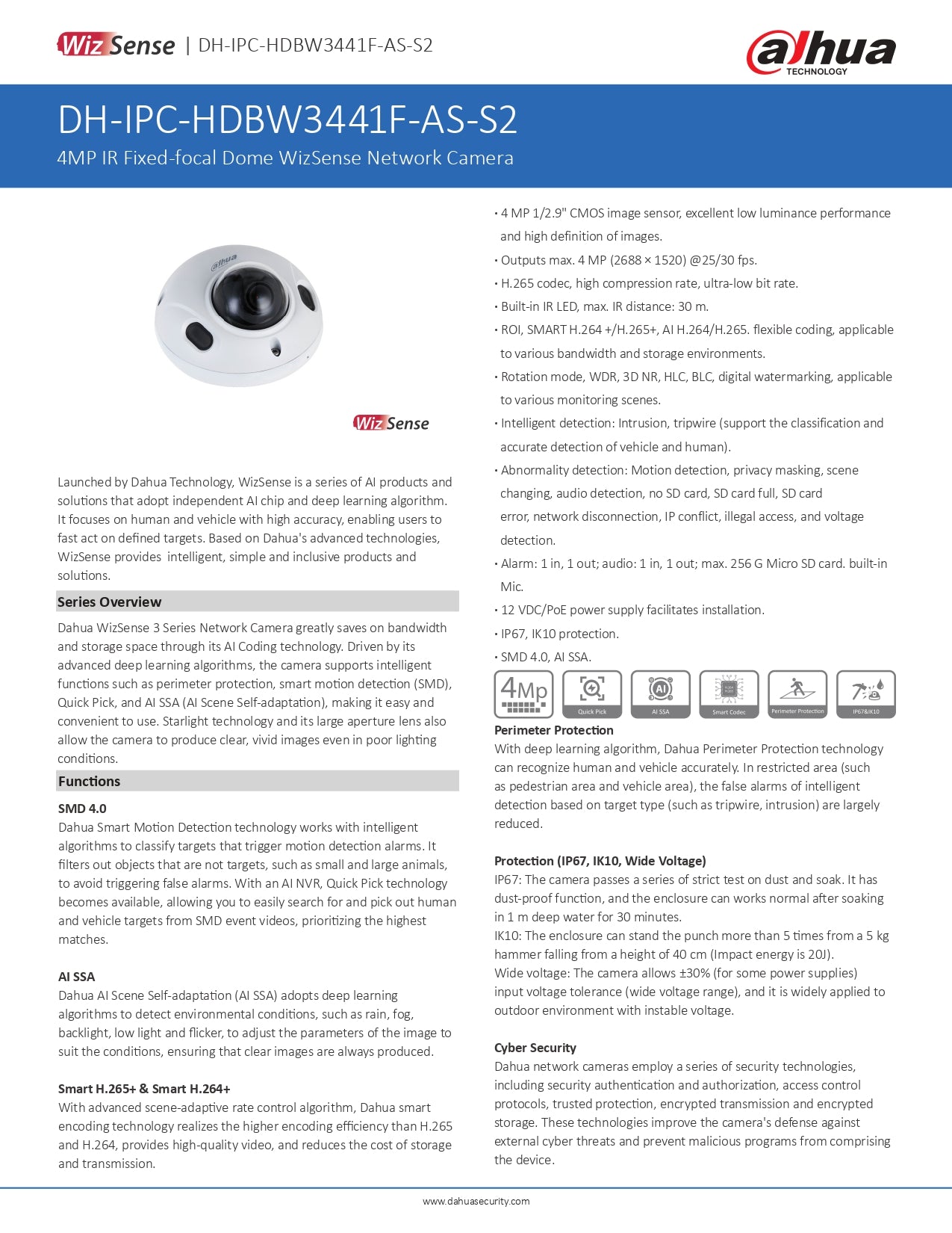 Dahua Wedge Dome 4MP 2.8MM Lens 30M IR POE SD Slot WDR VCA With Audio