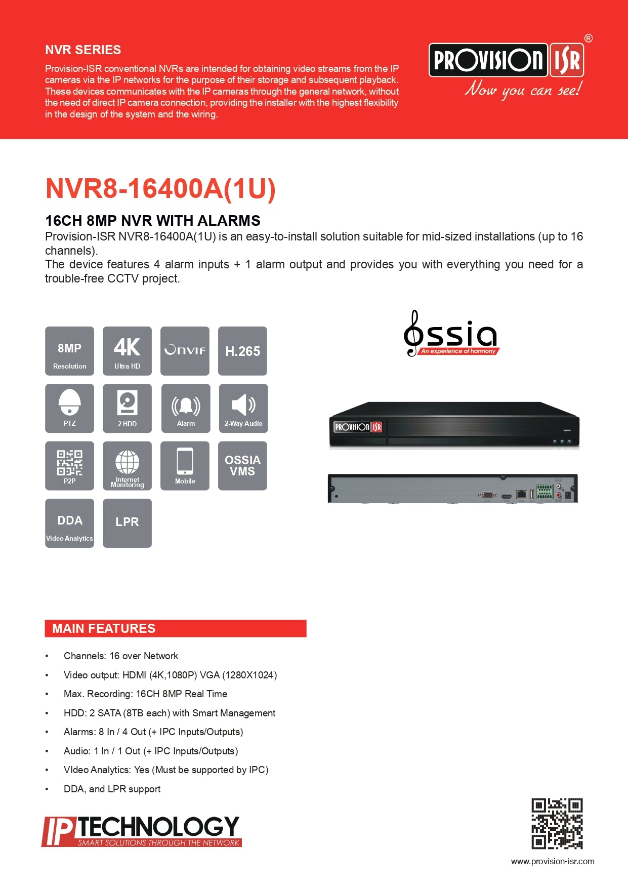 Provision NVR 16CH 8MP 2 SATA No POE  Alarm
