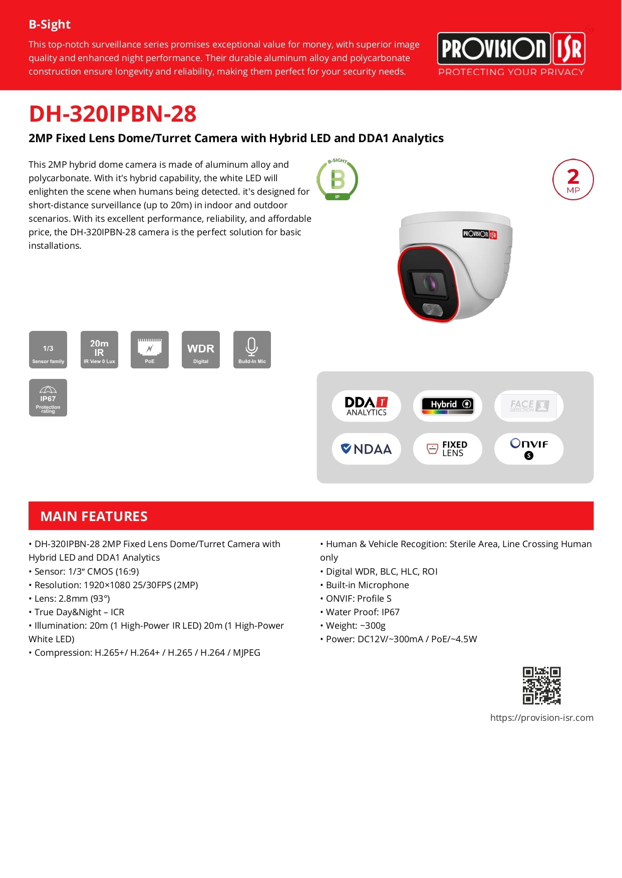 Provision Dome 2.8MM 2MP 20M IR 1LED Array