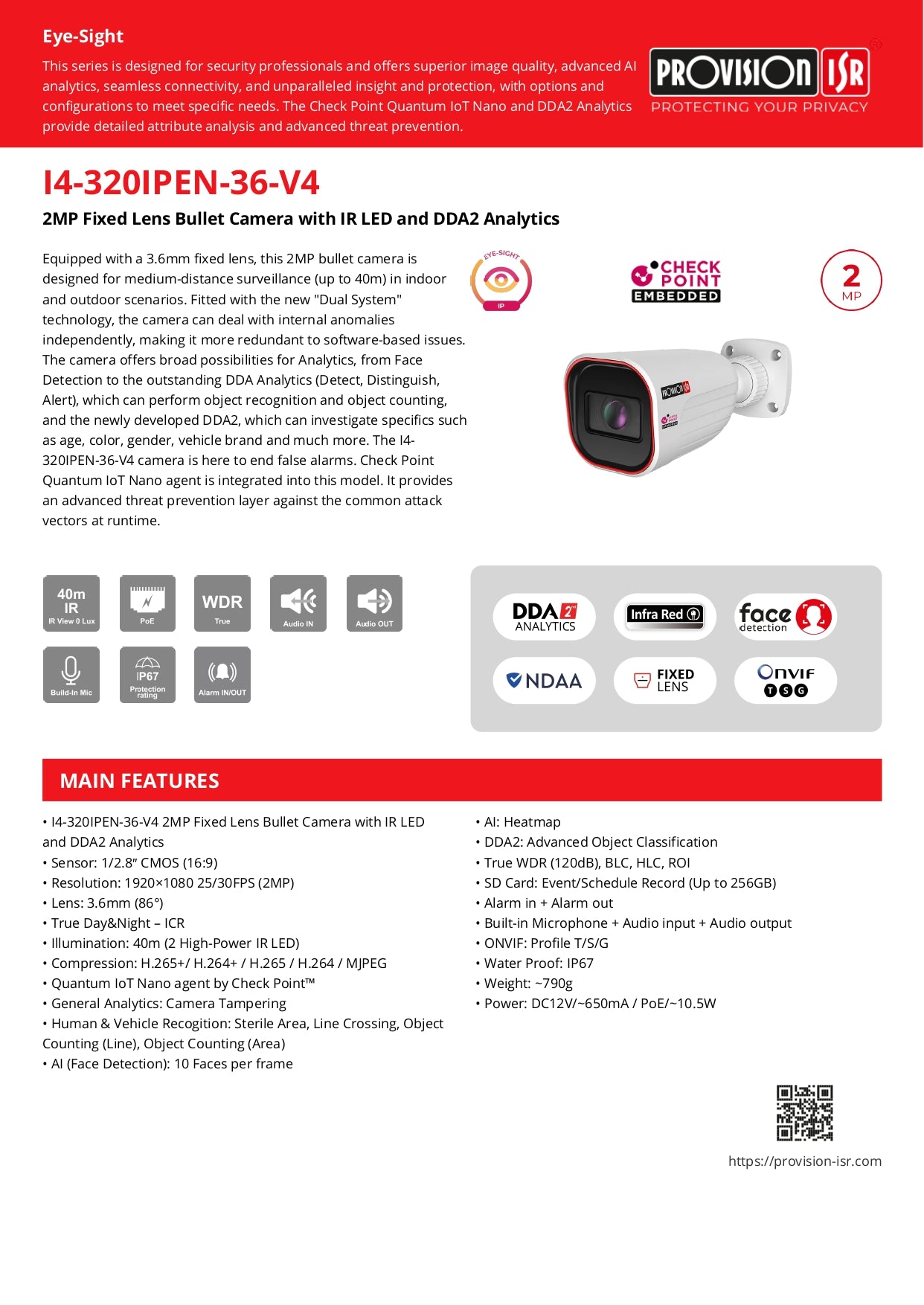 Provision Bullet Eye Sight 3.6MM 2MP 40M IR 2 LED Face Detection