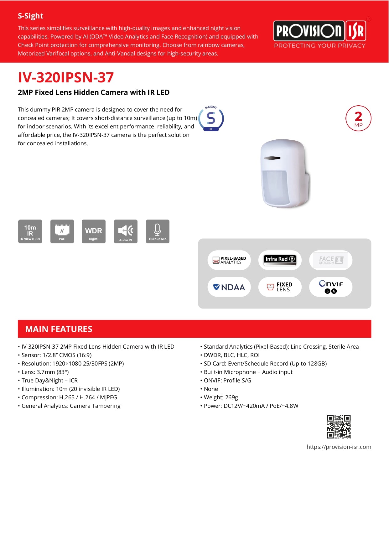 Provision Hidden Camera in Dummy PIR 3.7MM 2MP