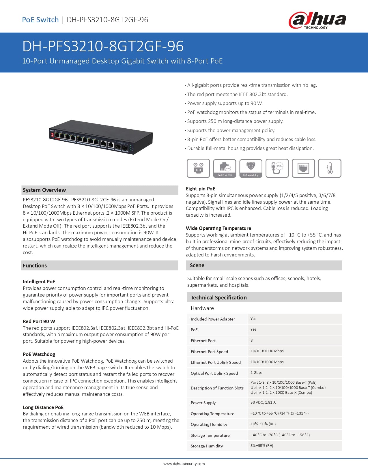 Dahua Gigabit Cloud Managed Switch 10 Port : 8X POE, 2X SFP, 2X Uplink 96W