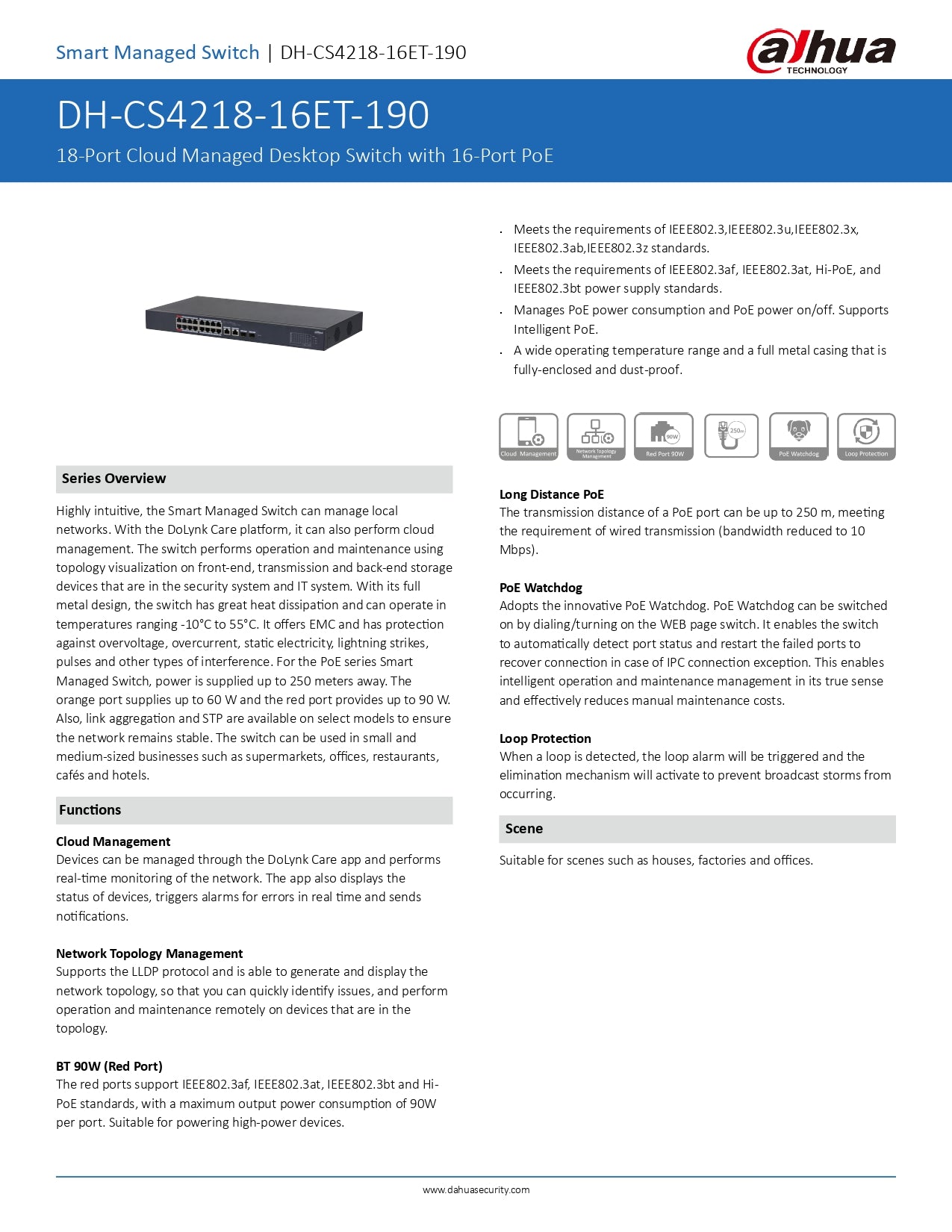 Dahua Gigabit Cloud Managed Switch 18 Port : 16X POE, 2X SFP, 2X Uplink, 190W