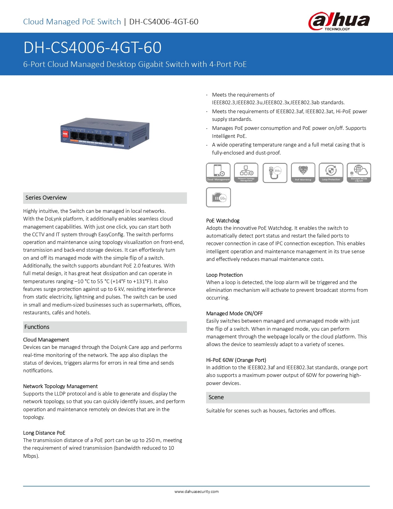 Dahua Gigabit Cloud Managed Switch 4 Port : 4X GB Port, 1X Uplink , 60W