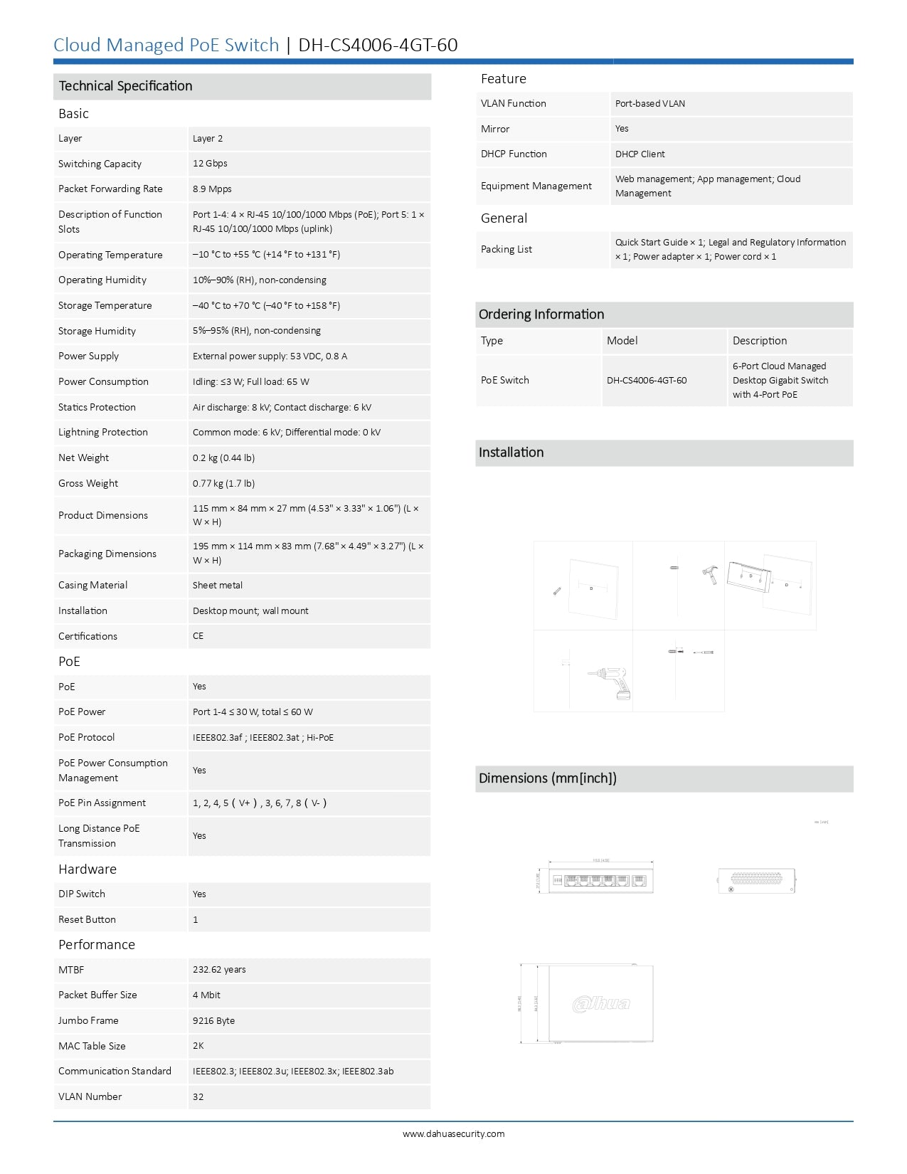 Dahua Gigabit Cloud Managed Switch 4 Port : 4X GB Port, 1X Uplink , 60W